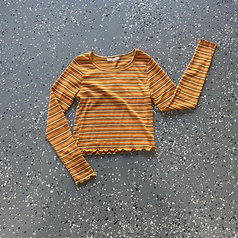 Striped Long-Sleeve Cropped Top W/ Lettuce Hem